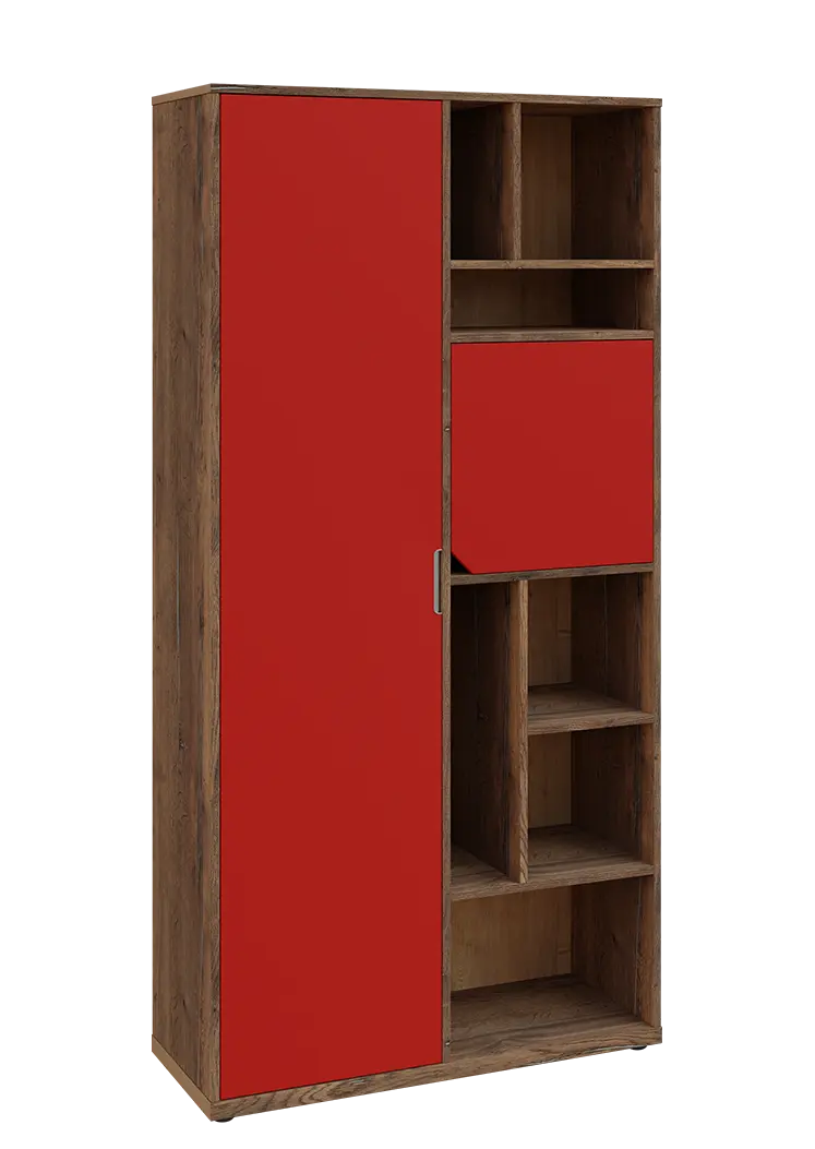 KSR6-83 L skříň šatní, 1x výsuvné ramínko, dvířka, niky, 2053x1022x400 mm, provedení levé, dub halifax cínový/červená